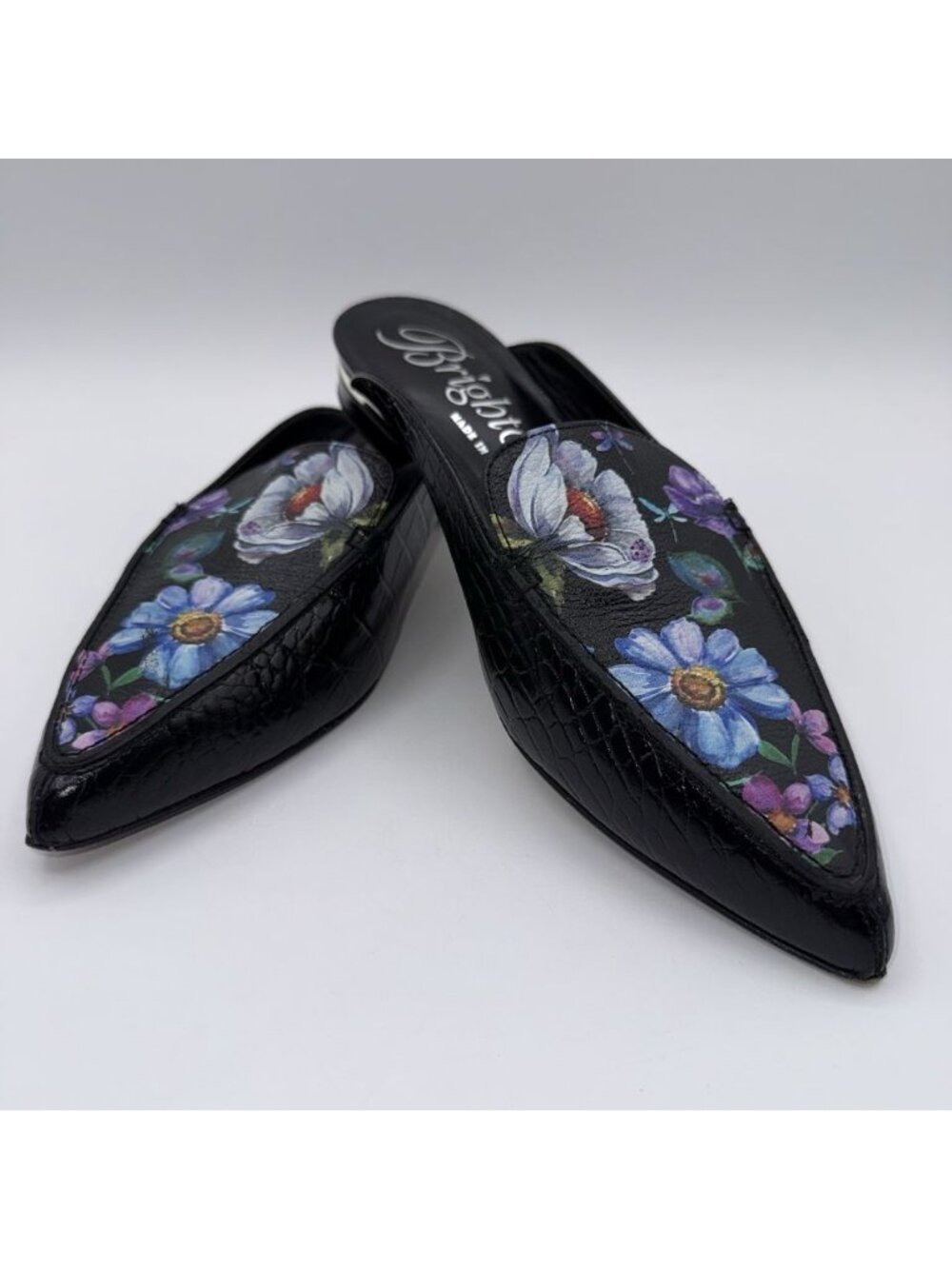 Brighton Floral Everly Mules Croc Embossed Black Low Heel Sz 9 Made In Italy - Picture 1 of 16